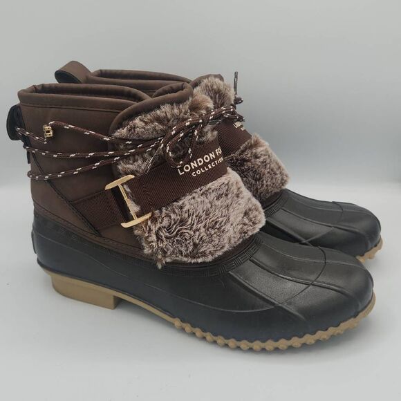 London Fog Willette duck boots in dark brown with faux fur trim women's size 8 - Picture 4 of 6